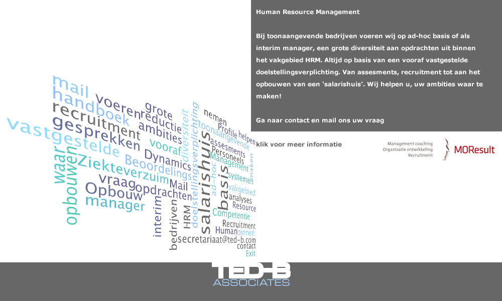 Bij toonaangevende bedrijven voeren wij op ad-hoc basis of als interim manager, een grote diversiteit aan opdrachten uit binnen het vakgebied HRM. Altijd op basis van een vooraf vastgestelde doelstellingsverplichting. Van assesments, recruitment tot aan het opbouwen van een ‘salarishuis’. Wij helpen u, uw ambities waar te maken! Mail ons uw vraag en wij nemen contact met u op. (mail: secretariaat@ted-b.com)  Competentie analyses Opbouw salarishuis Profile Dynamics Beoordelings systemen Personeels handboek Ziekteverzuim reductie Exit gesprekken Recruitment 